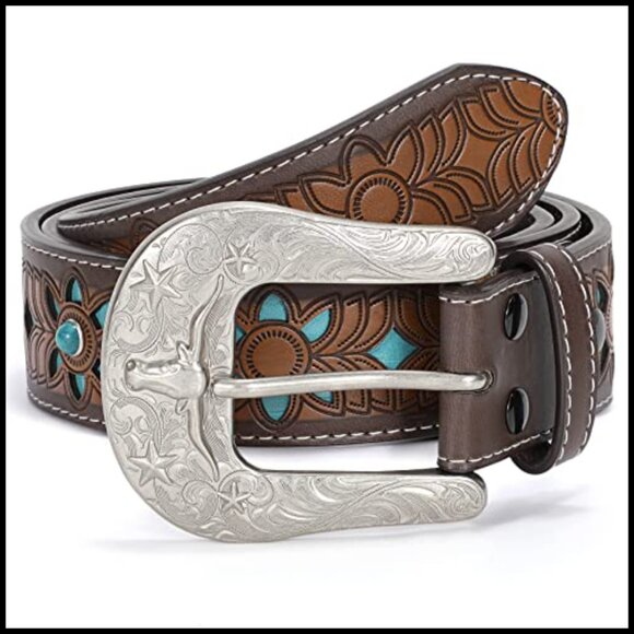 Genuine Leather Belt Vintage Western Engraved Tooled Cowboy Cowgirl